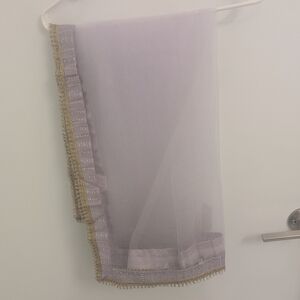 Lavender Net Dupatta with Gold Fringe Trim & Rhinestones
